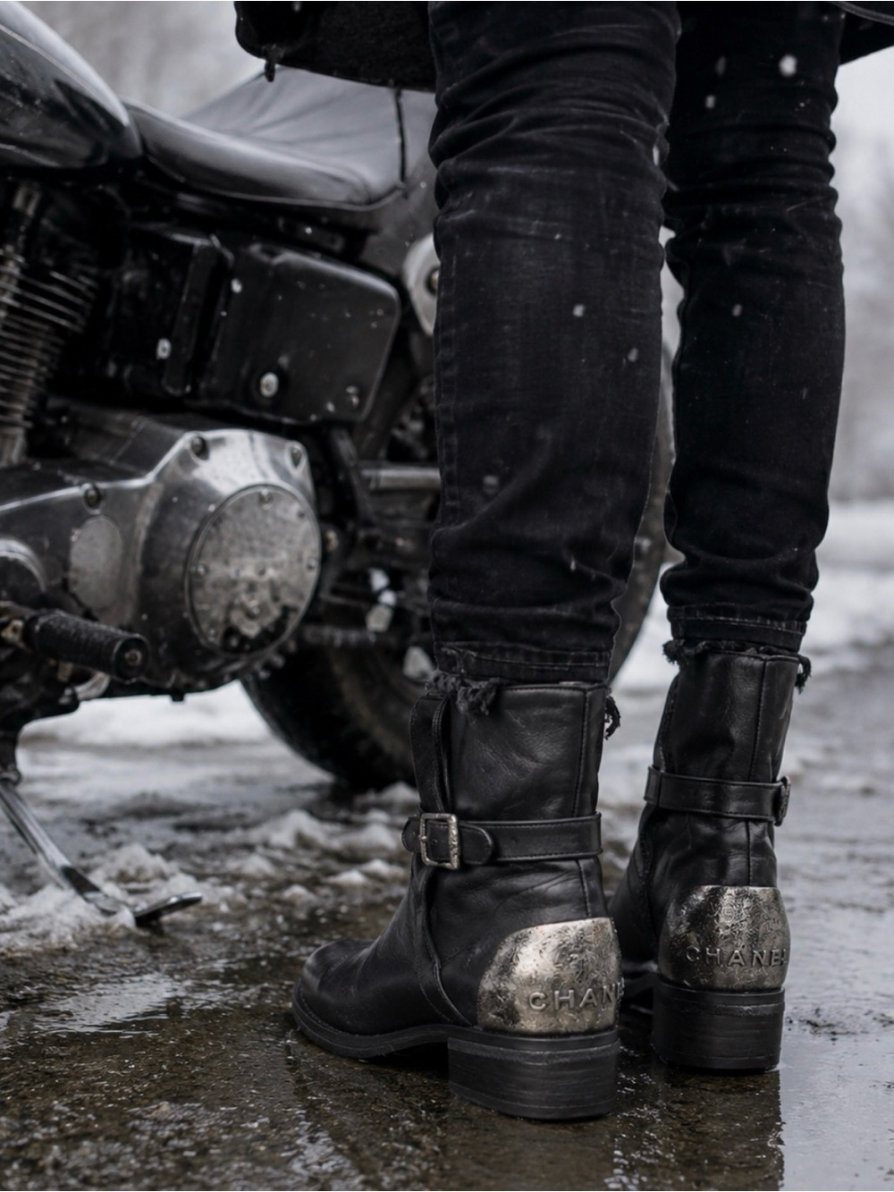 CHANEL Leather Black Moto Boots w/ Gunmetal Plate& CHANEL Inscription IT 37